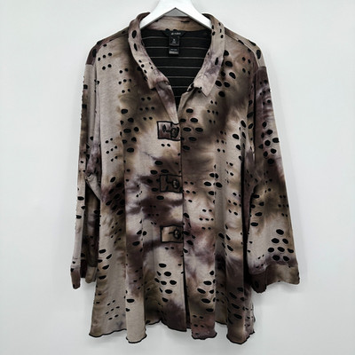Ali Miles Jacket Tunic Top Size 3X Brown Tie Dye Button Up Wired Collar Earthy