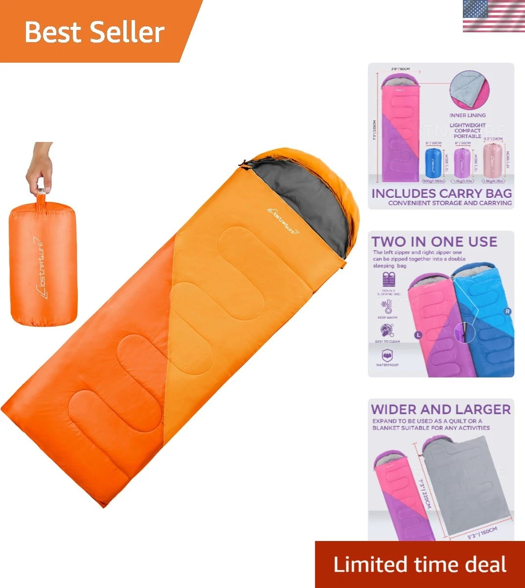 Lightweight 3-Season Sleeping Bag for Adults & Kids - Ultralight Camping Comfort