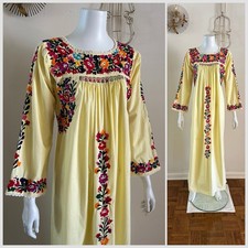 70s Long Sleeve Mexican Huipil Dress Oaxacan Embroidered Floral Maxi Cotton VTG