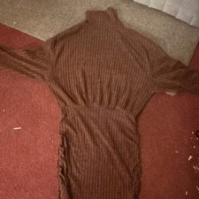 Brown Ribbed Knit Mock Neck Long Sleeve Midi Sweater Dress with Ruching