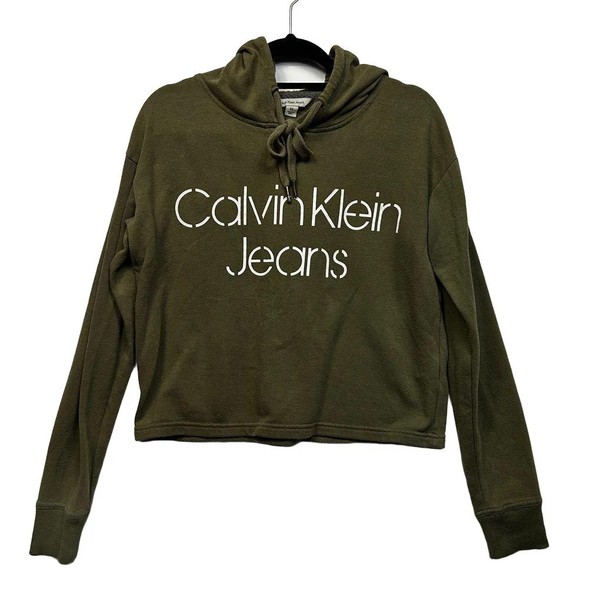 Calvin Klein Jeans Khaki Cropped Hoodie Womens Size XS Drawstring Preloved