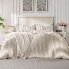 Duvet Cover Set King Size, Linen Grey Striped Comforter Cover with Button Clo...