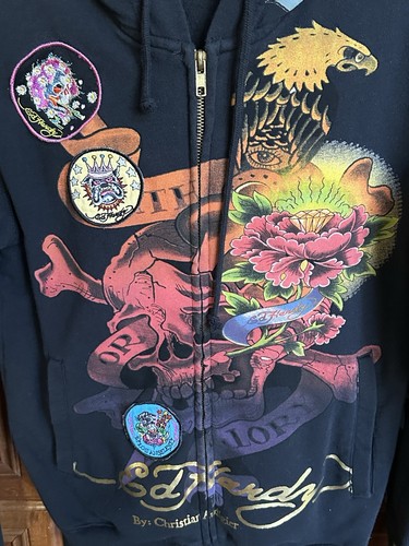 RARE Ed Hardy Size S Death Or Glory Zip Black Hoodie 7 Embrd Patches Skull Y2K - Picture 2 of 20