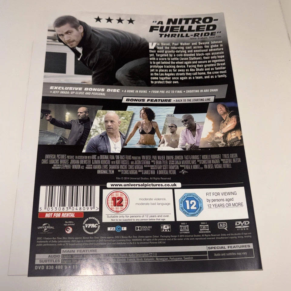 Fast & Furious 7 DVD Action (2015) Paul Walker Quality Guaranteed 2 disc  - Image 2 of 4