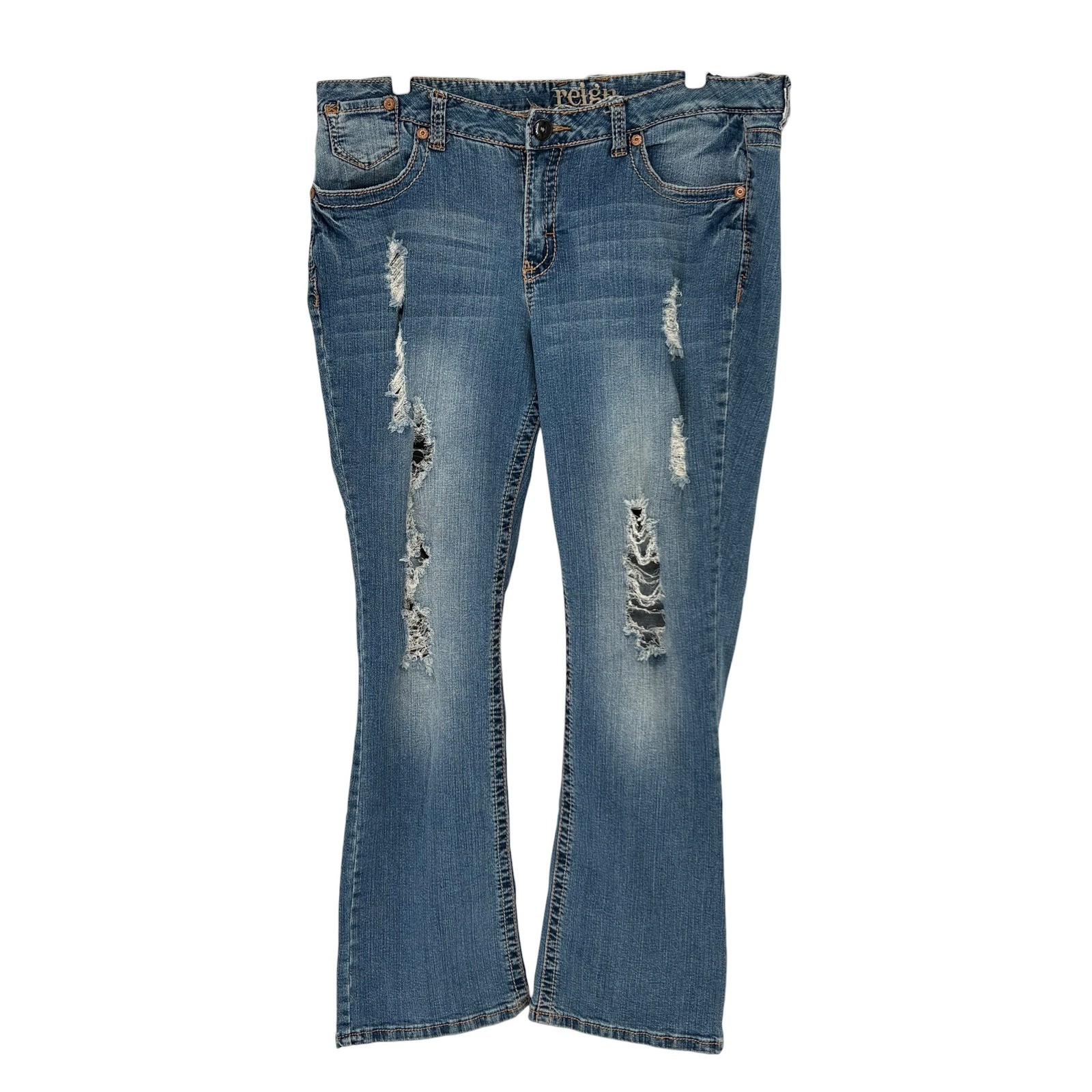 Reign Y2K Bootcut Jeans Blue Distressed Embroidered Pockets 18