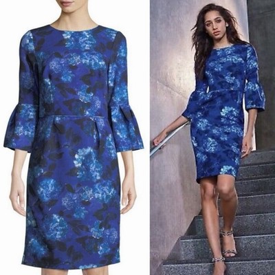 David Meister Sz 6 Blue Floral Sheath Dress Bell Sleeves Cocktail Wedding Guest