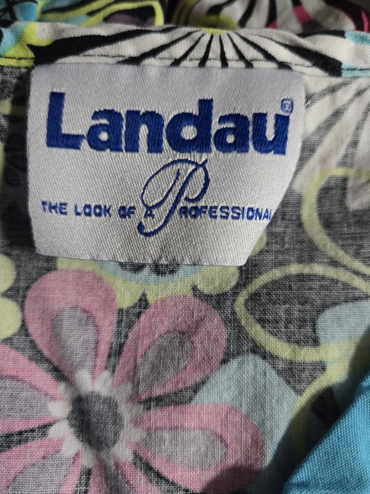 Landau Scrub Top Size XS-VIBRANT Pink/Aqua/Black Floral-Chest 19"/L 22.5" - Image 3 of 4