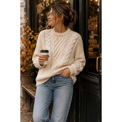 Abercrombie & Fitch Cable Knit Sweater Cream Crewneck Cozy Womens Medium