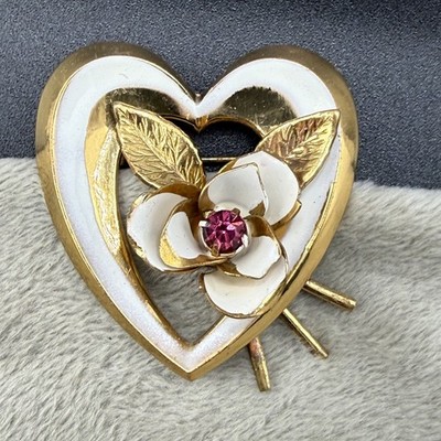 Vintage Coro Brooch Gold Tone Enamel Flower Heart Rhinestone