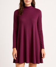 AQUA Purple Mock Neck Long Sleeve Ribbed A-Line Swing Mini Dress Small Boho