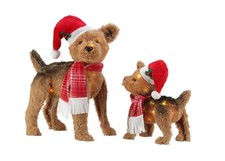 Christmas Terrier Dog Mom & Pup In Santa Hats 2 Pc Set Lighted Yard Sculpture