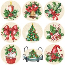 8 Pcs Christmas Diamond Art Coasters Kits with Holder, Chirstmas Bell Bdwy068