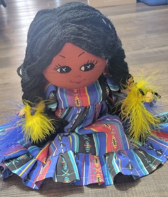 Volkskunst Indianer Stoffpuppe Garn Haar 12'' groß