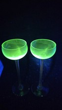 Pair Antique Thomas Webb Uranium Glass Sherry Glasses 6in 395nm Glow