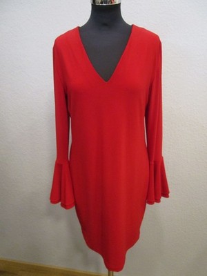 Freebird Kleid Etuikleid V-Ausschnitt Langarm Trompetenärmel rot Gr.L (B111-09)