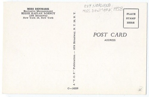 MISS DENMARK 1958 Evy Norlund On Great EDDIE KAPLAN MODEL AGENCY Ad Postcard - Picture 2 of 2