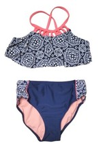 SO GIRLS 12 NAVY BLUE NEON CORAL MEDALLION BOHO FLUTTER LADDER KNOT SWIM SET