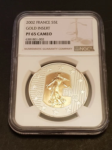 2002 90% Silver & 3g 18ct Gold Insert France 5 Euro Coin NGC Graded PF65 Cameo