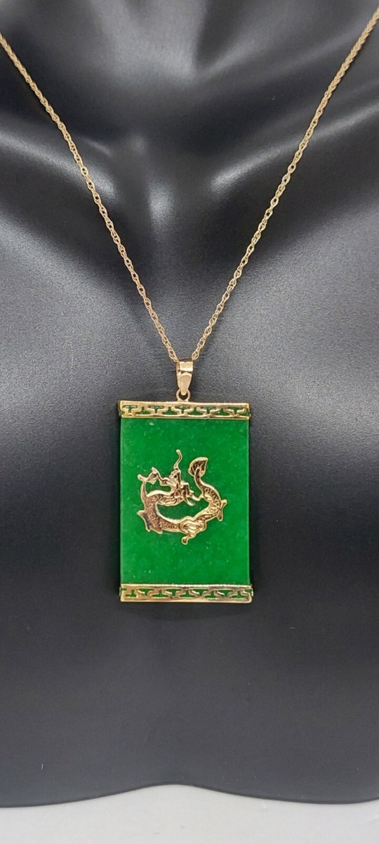 GREEN Jade Square 14K Yellow Gold DRAGON Pendant with 18