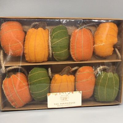 Rachel Ashwell Felted Pumpkin 6ft Garland Orange Green Fall Farmhouse Decor