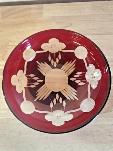 Cut to Clear Ruby Red Bowl Glass Crystal Plate Candy Nut Catch All Dish Bohemian - Picture 2 of 8