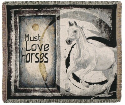 New Must Love Horses Woven Afghan Gift Throw Blanket Horse Camarillo White NIP
