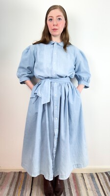 ralph lauren shirt dress vintage Vintage 1980s Ralph Lauren Chambray Prairie Shirt Dress Deadstock | small  medium