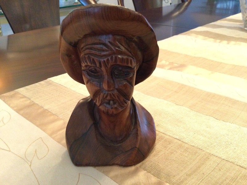 Vintage Hand Carved Wooden Bust of Man Smoking Cigarette