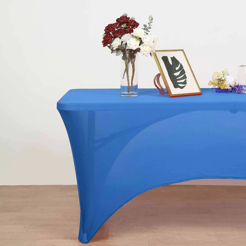 ROYAL BLUE 8 ft Fitted SPANDEX TABLECLOTH Open Back Table Cover Event Supplies - Image 2 of 4