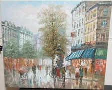 CAROLINE BURNETT PARIS MARKET STREET SCENE LARGE OIL ON CANVAS PAINTING UNFRAMED