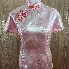 Pink Satin Floral Bamboo Cheongsam Qipao Top Traditional Frog Closure 3XL