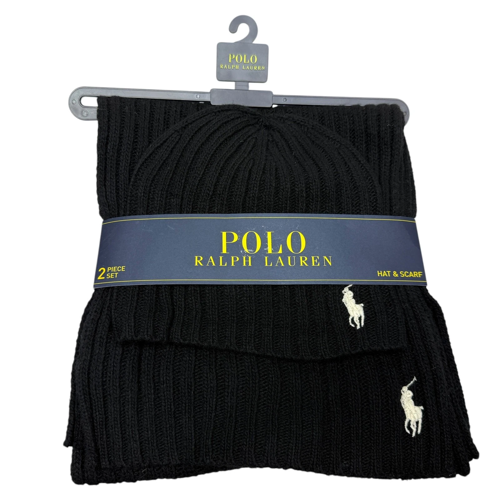 Polo Ralph Lauren Black Rib Knit Hat & Scarf 2-Piece Set NWT Classic Winter