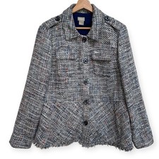 Chico's Tweed Peplum Jacket Women Size 2 12/14 Navy White Career Preppy