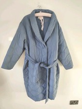 M&S Womens Long Coat Jacket Size 18 Blue Quilted Wrap Long Sleeve Vneck