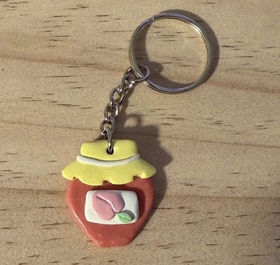 Peach jam jar keychain made from polymer clay 