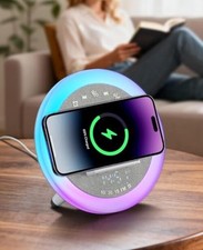 Wireless Alarm Clock, 15W Wireless Charging Station, Bluetooth Speaker Table