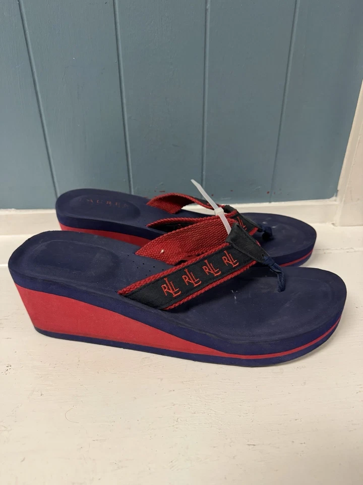 Sandalias Lauren Ralph JAMILIA Zapatos Mujer’s 11.5 Lona Cuña Plataforma Chanclas Foto 4 de 4