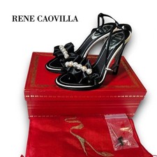 Rene Caovilla Black Ruffles  Pearls Open Toe High Heels  Box, Size EU 35/US 5