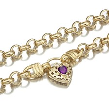 18K GL Thick Belcher Yellow Gold Necklace Filigree Heart Padlock Amethyst Purple