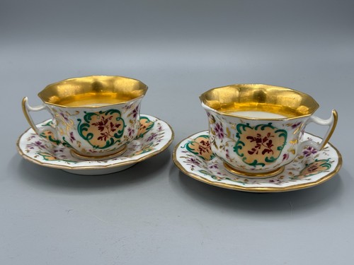 Pair of Antique 19th c. English Victorian Gilded Bone China Teacups & Saucers