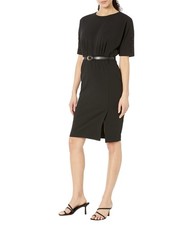 Calvin Klein Womens' Scuba Crepe Dress with Belt and Sleeve Button Detail, Black