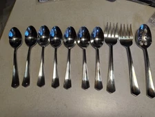 7 Soup Spoons International  Stainless + Slotted Serving Spoon +2 Forks Lot 10