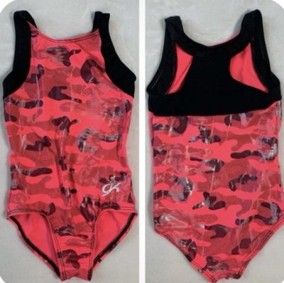 GK Pink and Black Camouflage Gymnastics Leotard (Large 12/14    *