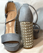 SIZE 5 ALDO NESIDA PEWTER GRAY  RHINESTONE BLOCK HEEL ANKLE STRAP -FREE SHIP