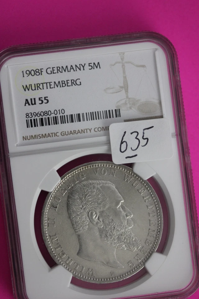1908 F AU 55 Germany Wurttemberg 5 Marks Silver Coin NGC Certified Authentic 635 - Image 3 of 3