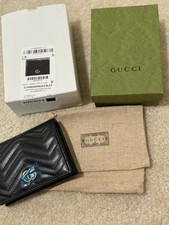 New GUCCI GG Marmont Card Case Wallet Black Matelasse Chevron Leather 466492