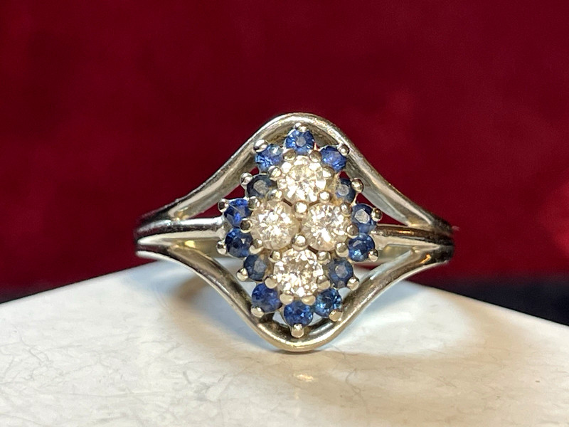 14K WHITE GOLD BLUE SAPPHIRE & DIAMOND RING SIZE 4.5 SIGNED ODI 3.4 GRMS NATURAL
