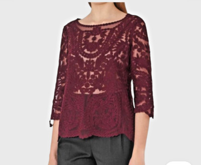 REISS Women's Alden Sheer Lace 3/4 Sleeve Claret Burgundy Blouse Top Sz L