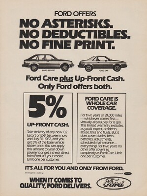 1982 Ford Escort & EXP - ''Ford Care Plus Up-Front Cash''- Magazine Print Ad Photo