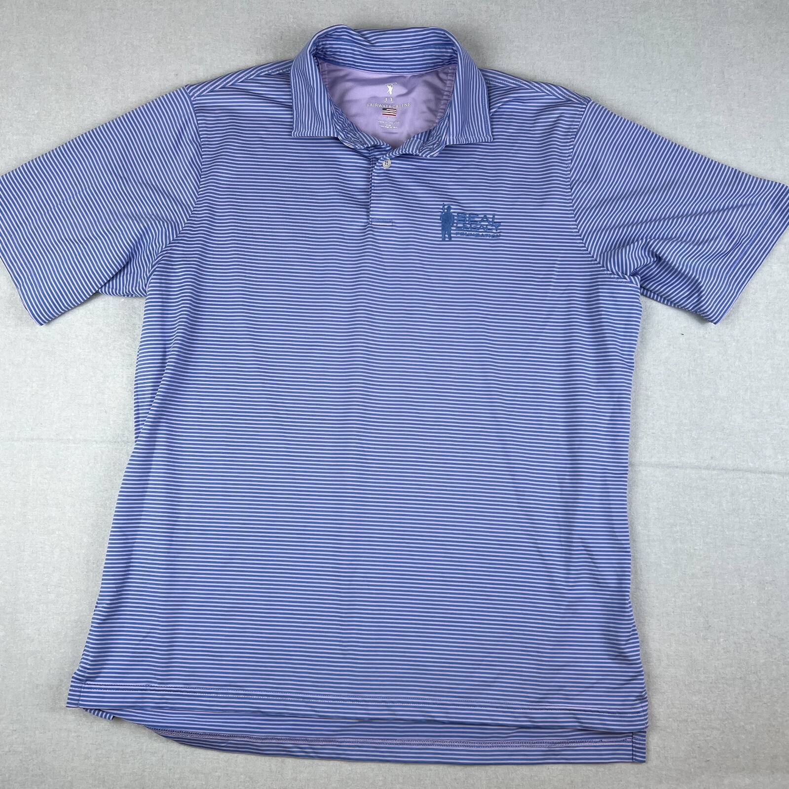 Fairway and Greene Men's Large Blue Strpied Polo Golf Performance Shirt